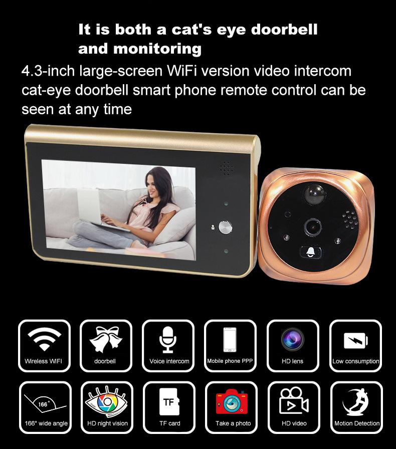 Wifi smart electronic cat eye video doorbell remote monitoring video intercom infrared motion detection alarm